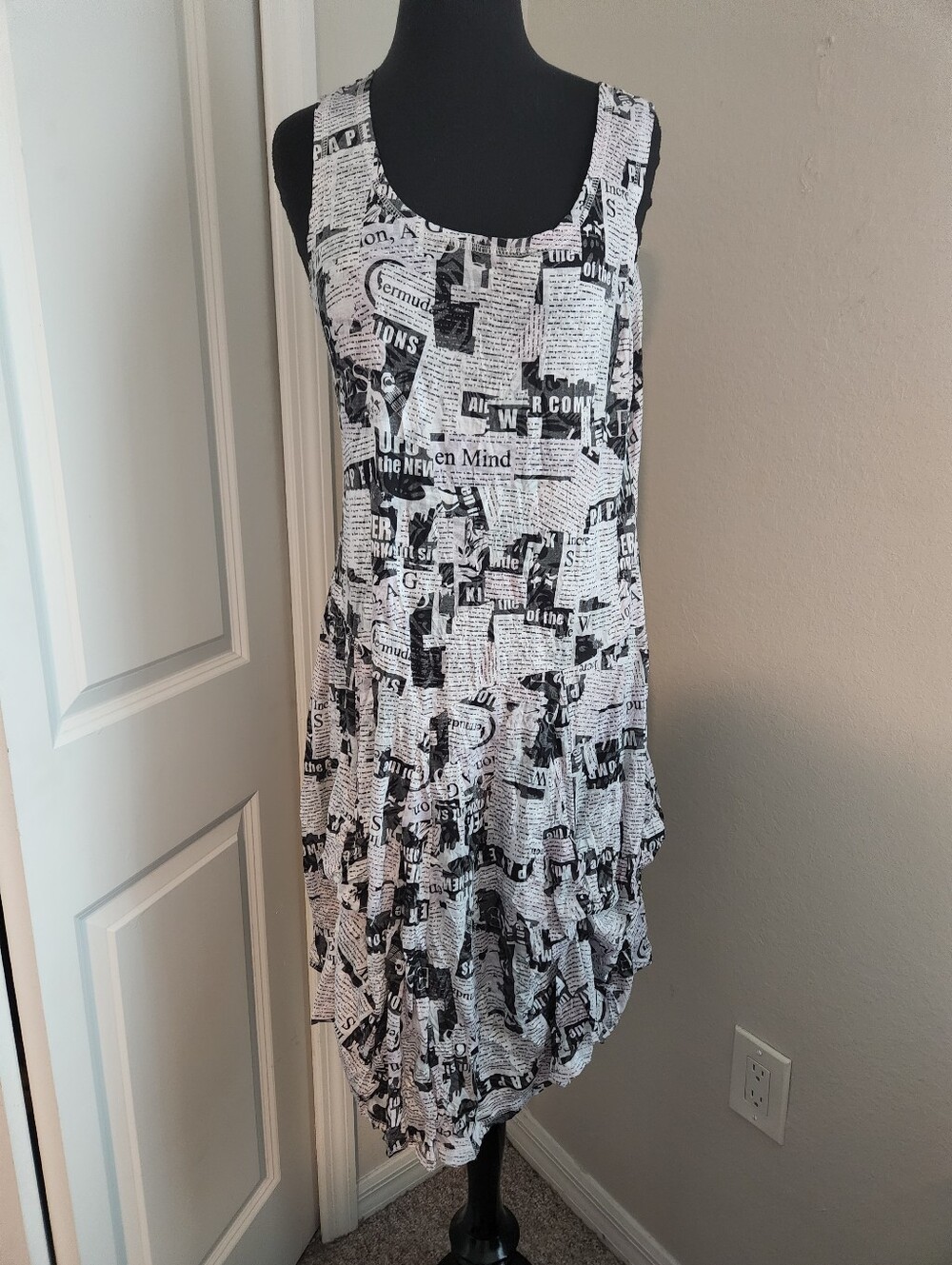 Shana Sleeveless Black and White Newspaper Print A-Line Dress